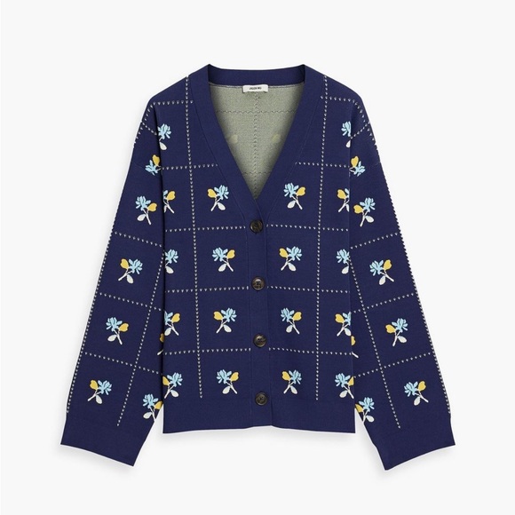 JASON WU Pointelle-trimmed jacquard-knit cardigan Blue Floral XL